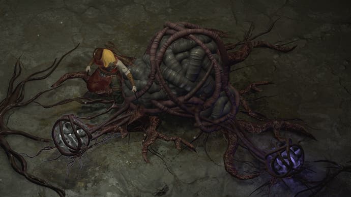 Zoomed in image of the Rogue character class beside two Outgrowths in a dungeon.