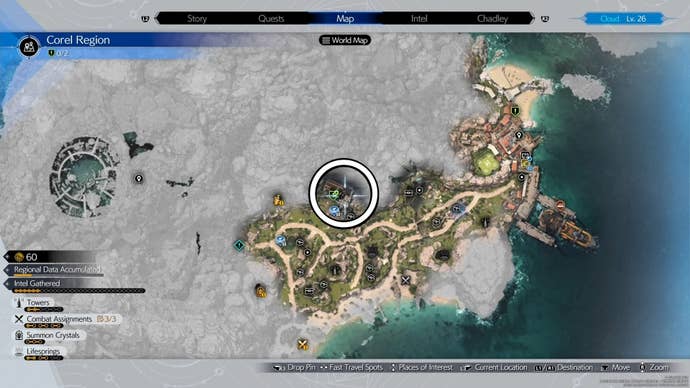Corel map with the abandoned factory circled in Final Fantasy 7 Rebirth.
