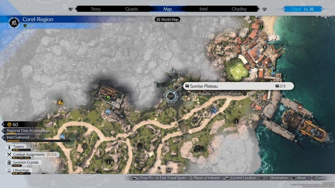 Sunrise Plateau location on the Corel map in Final Fantasy 7 Rebirth.