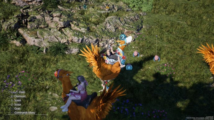 Cloud on a yellow chocobo looking at ore deposits in the Corel region in Final Fantasy 7 Rebirth.