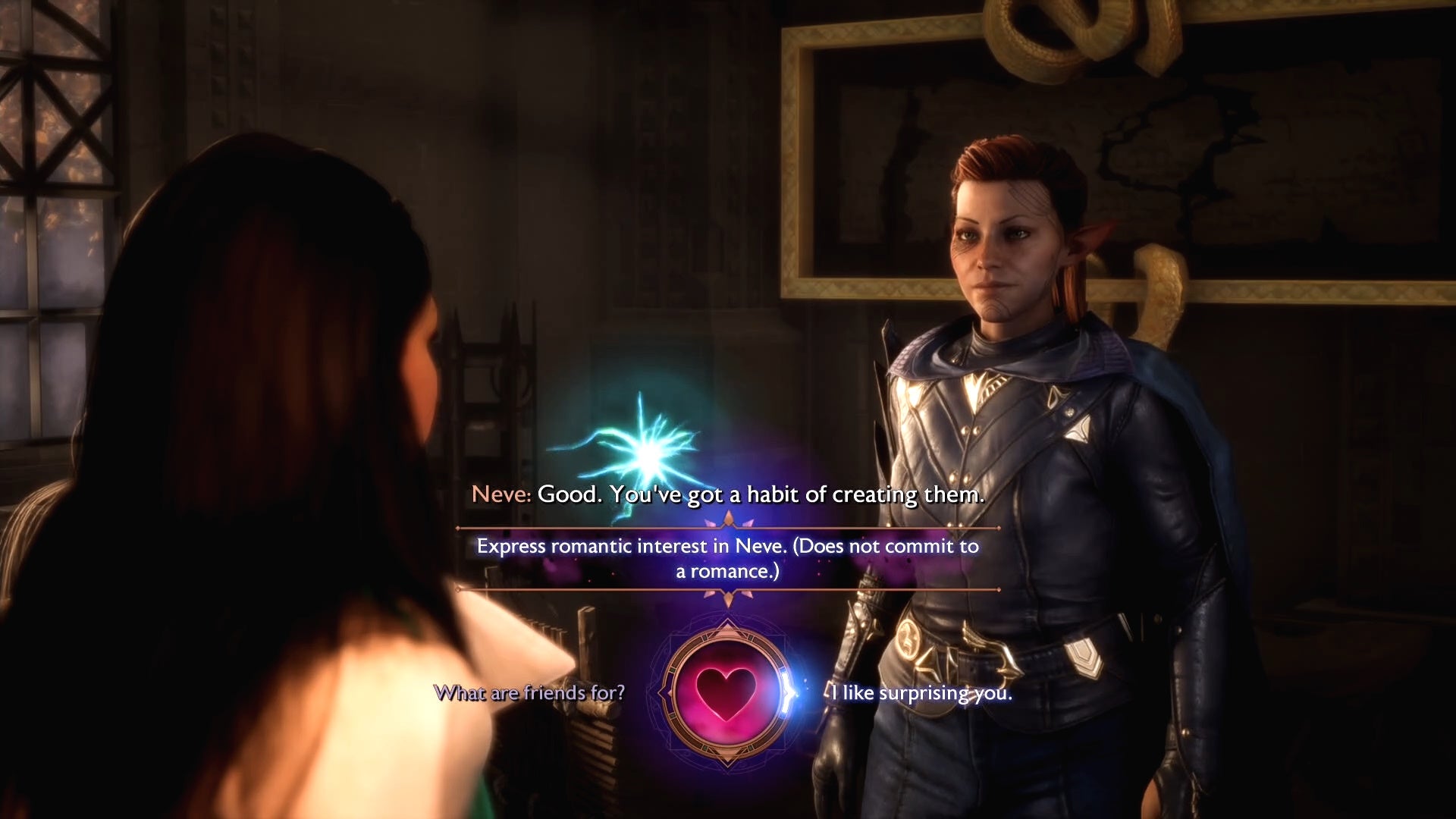 Expressing romantic interest with Neve in Dragon Age The Veilguard.