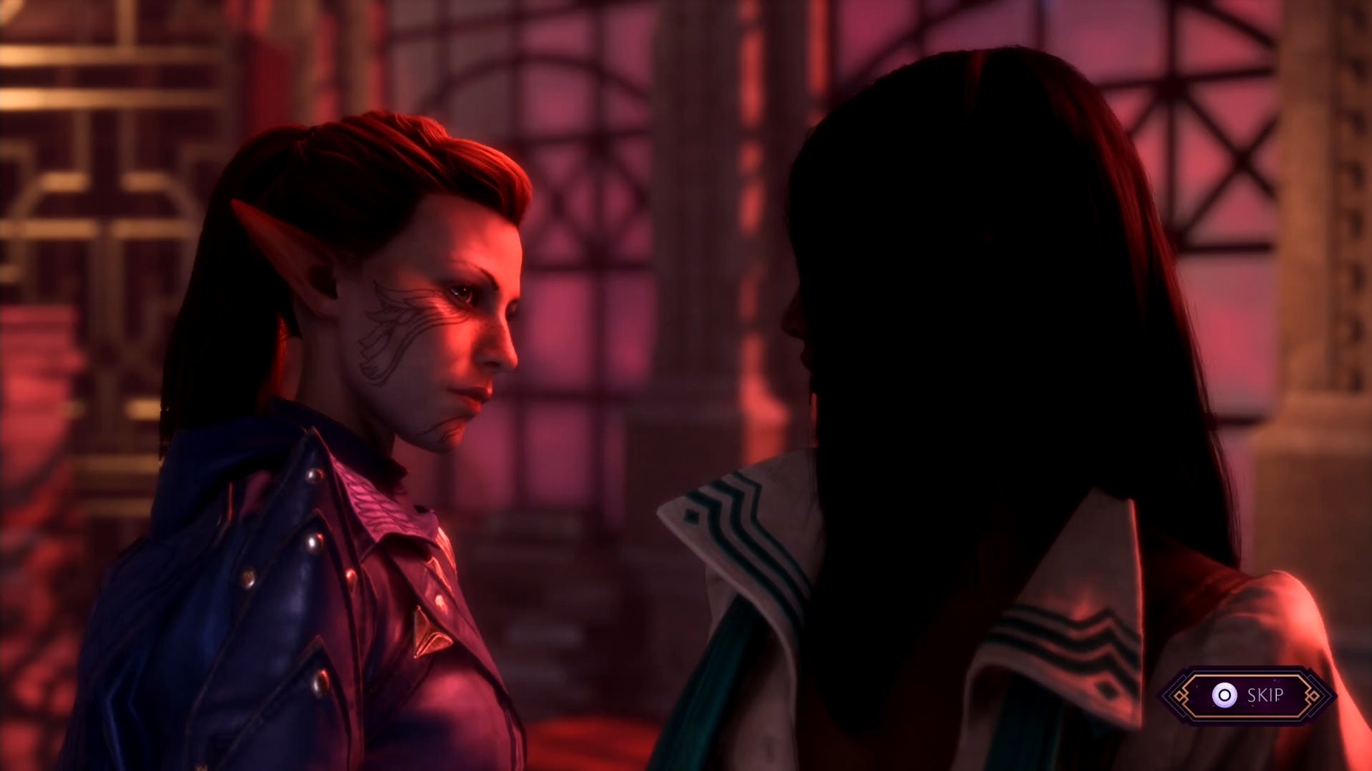 A female Rook and Neve looking at each other with a redglow surrounding them in Dragon Age The Veilguard.