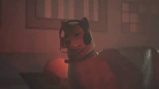 A dog with a headset on sitting in a char as part of the Dog ending in Silent Hill 2.