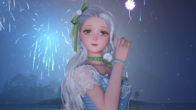 Nikki wearing the Cloudborne Cranes bracelet while posing in front of fireworks at night.