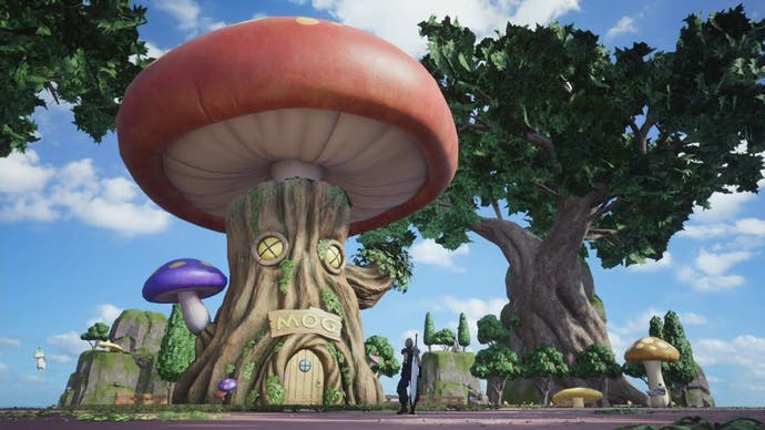 Cloud looking up at a huge mushroom-shaped Mogstool  in Final Fantasy 7 Rebirth.