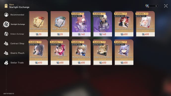 menu of the starlight exchange shop showing purchasable items including characters asta and arlan and star rail passes