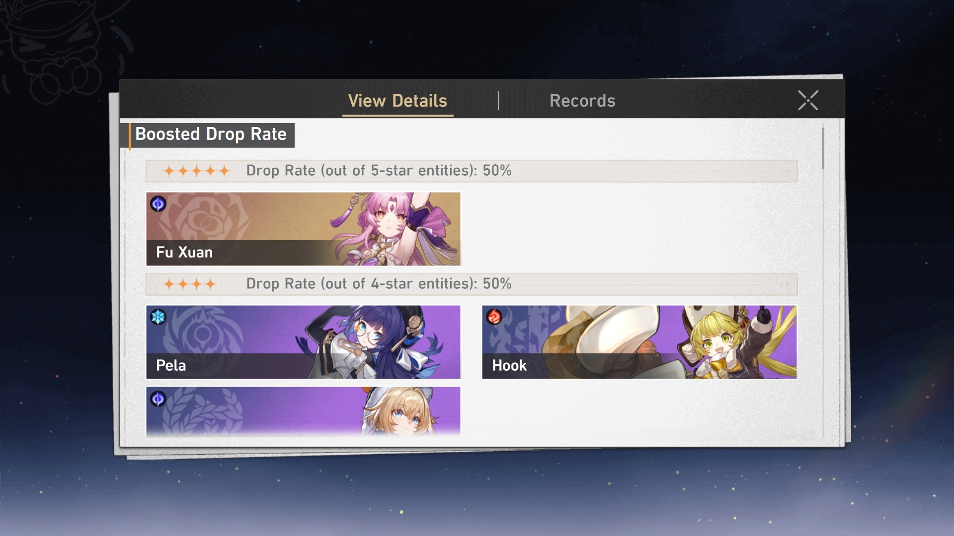 menu of the help screen that explainers how banner rates work in star rail with the example showing pictures of fu xuan pela hook and lynx