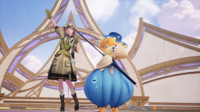 Nikki waving behind a blue Fufu in the Realm of Nourishment in Infinity Nikki.