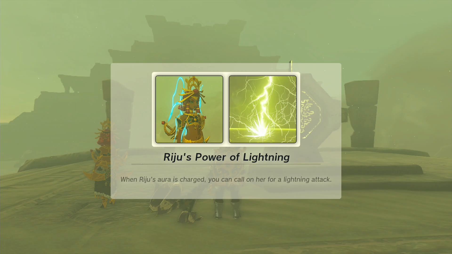 In-game explanation of how Riju&rsquo;s Power of Lightning ability works in The Legend of Zelda: Tears of the Kingdom.