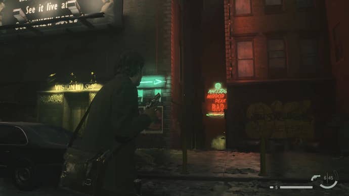 Alan with his revolver raised looking down an alleyway with a red and blue sign reading ‘mirror peak’, with a green arrow pointing to the alley beside a shop selling televisions