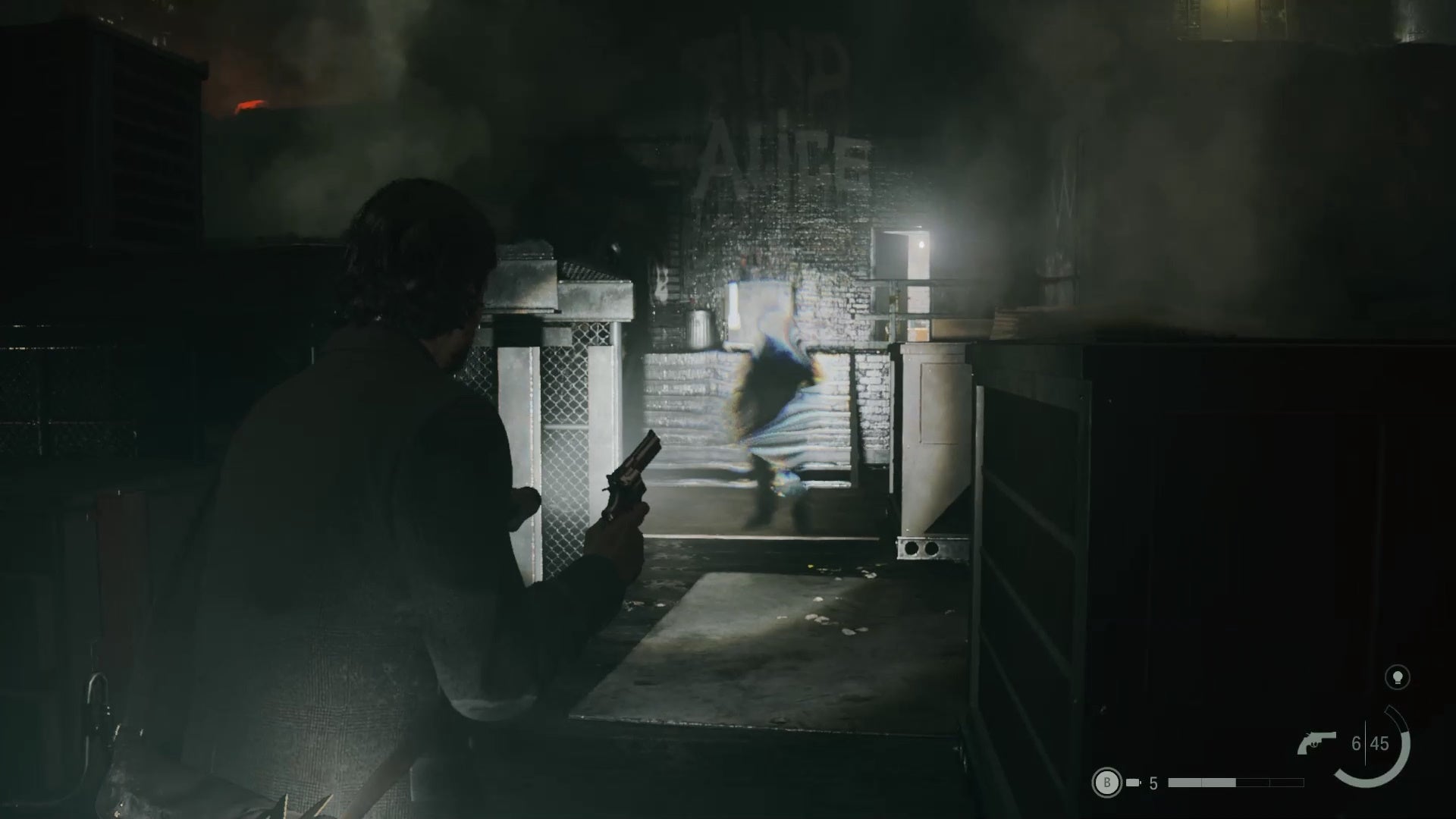 alan shining his flashlight on a dark shadow enemy on a rooftop, with the enemy fading to white