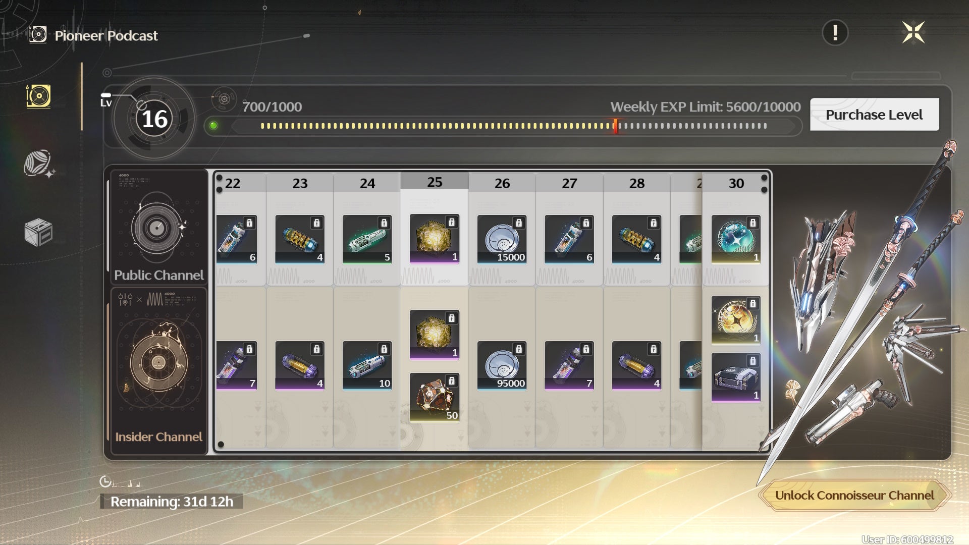 The Pinoneer Podcast battle pass menu in Wuthering Waves, with Crystal Solvent highlighted.