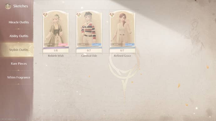 The sketch menu in Infinity Nikki showing three incomplete outfits.