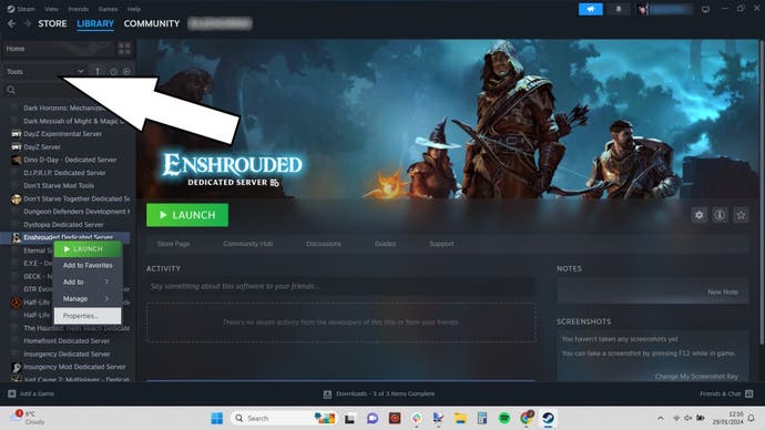 An arrow pointing at the 'Tools' dropdown menu in Steam, with the Enshrouded Dedicated Server right-click options showing.
