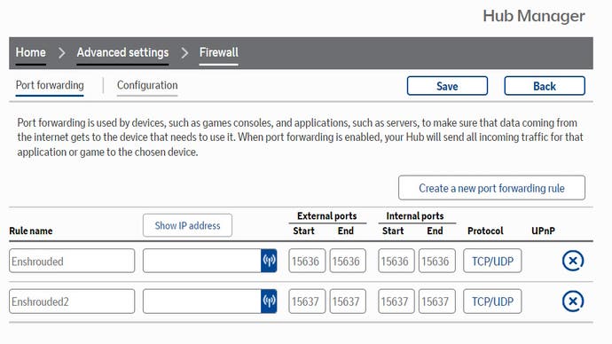 The BT router firewall settings for setting up a port forward in Enshrouded for dedicated servers.