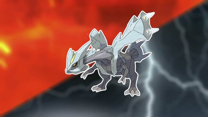 Kyurem on a red and black background in Pokemon Go.