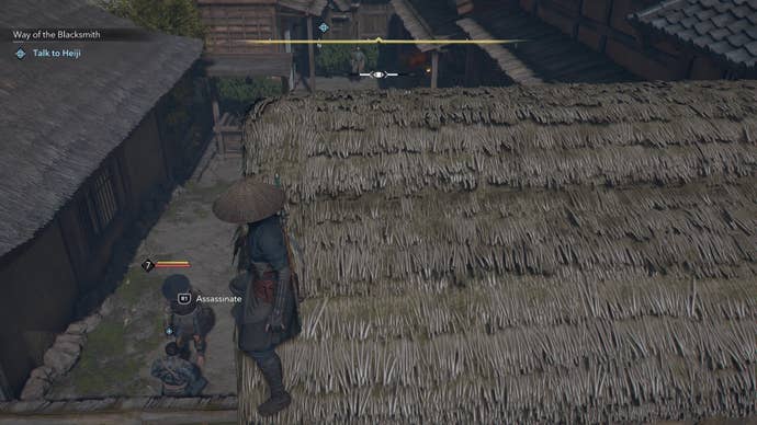 Naoe standing on a straw roof looking down at Heiji in Assassin’s Creed Shadows.