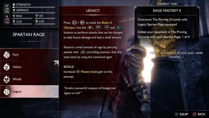 menu view of the spartan rage selector with the legacy ability highlighted in the valhalla dlc for god of war ragnarok