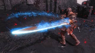 photo mode view behind kratos swinging the blade of olypmus with a focus on the blue glow of the blade