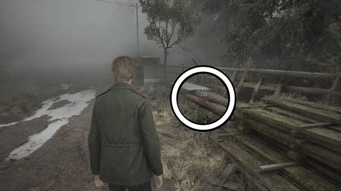 The Chainsaw weapon highlighted with a white circle in Silent Hill 2.