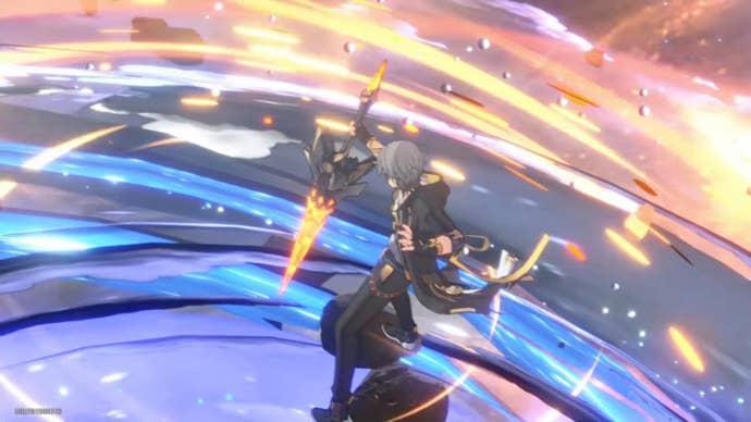 view of the male trailblazer to the side picking up a large fire sword with fire and a blue substance swirling around him and the sword