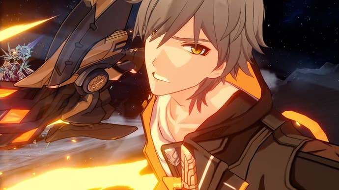 close up of the male trailblazer gritting his teeth and holding a fire sword with flames on the bottom left and a humanois creature watching him in the distance to the left