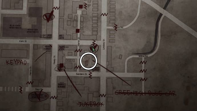 White circle showing the Wood Side Apartments Key location in Silent Hill 2.