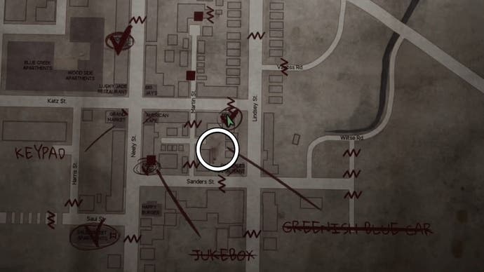 White circle showing the Wood Side Apartments Key location in Silent Hill 2.