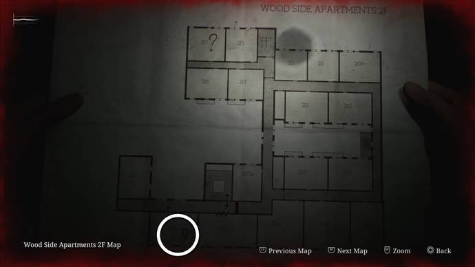 White circle showing the Flashlight location in Room 202 of Wood Side Apartments in Silent Hill 2.