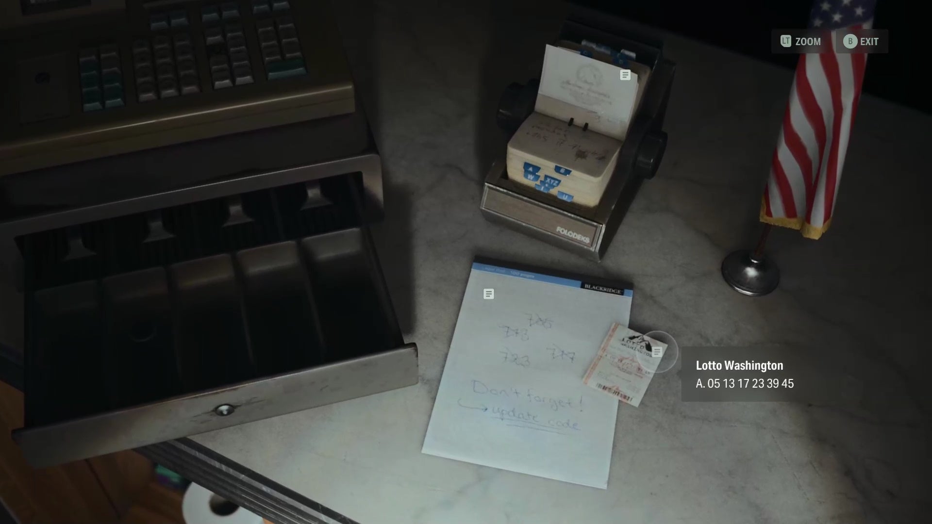 close up first person view of an open cash register with a notepad and lottery ticket beside it, with the numbers on the lottery ticketed displayed in a text box