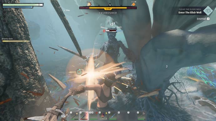Fighting a humanoid monster with a sword and shield in the Shroud in Enshrouded.