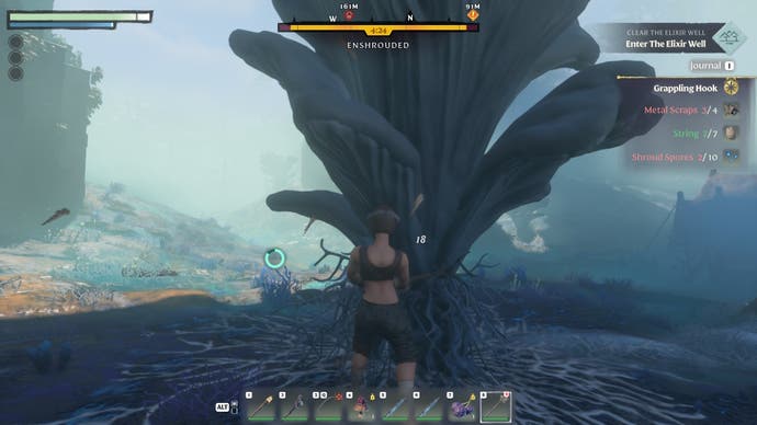 Using an axe on a large mushroom-like object in the Shroud in Enshrouded.