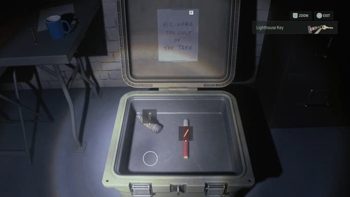 first person view of an open cult stash container with a hand flare and flash bang inside, with the menu picture and text in the upper right corner of the lighthouse key after picking it up