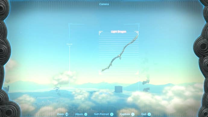 Link using his camera’s zoom function to search for the Light Dragon as it flies through the skies above Hyrule.