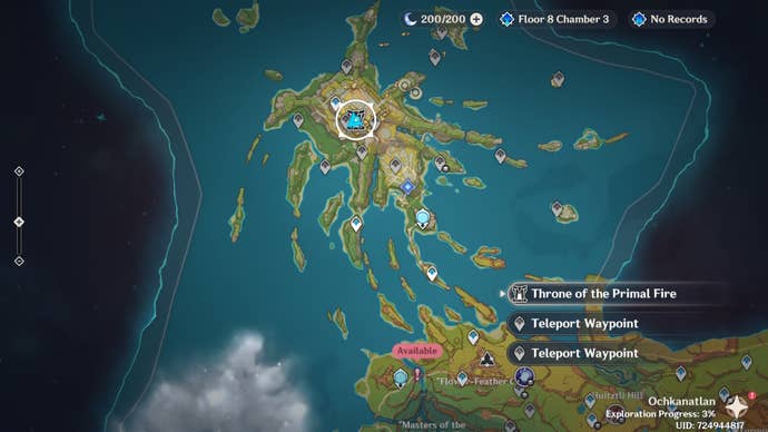 Circled map view of the Throne of the Primal Fire location in Genshin Impact.