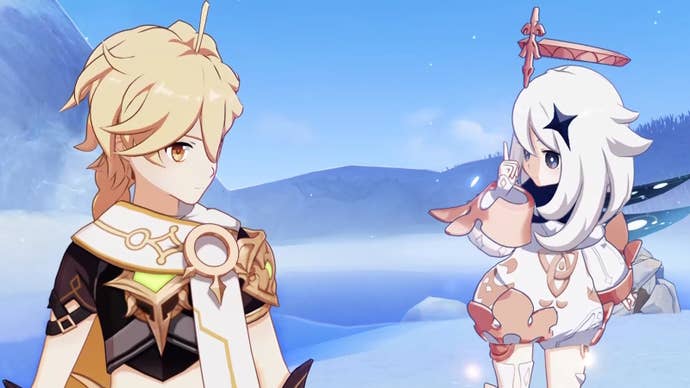 Aether looking at Paimon, who is pointing up, in Genshin Impact.