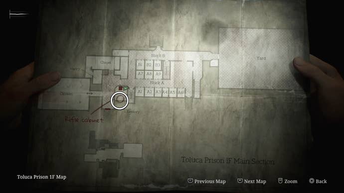 The Rifle’s location circled on the map in Silent Hill 2.