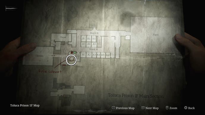 The Rifle's location circled on the map in Silent Hill 2.