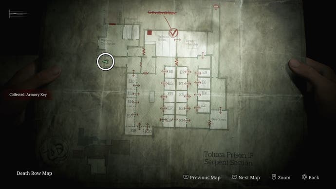 The Armoury Key's location circled on the map in Silent Hill 2.
