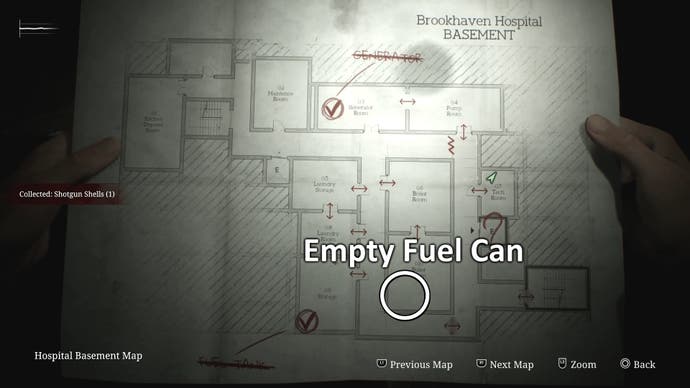 A map of the Basement of Brookhaven Hospital in Silent Hill 2, with locations of the Generator, Fuel Tank, and Empty Fuel Can marked.