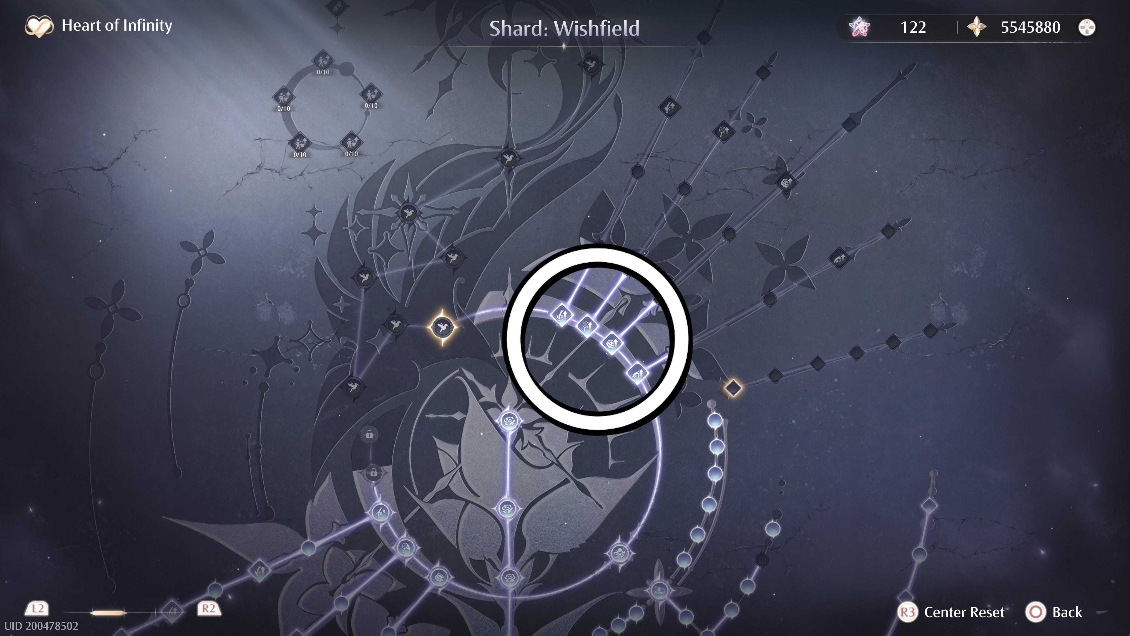 A white circle highlighting the 7,000 Insight essence nodes on the Heart of Infinity menu in Infinity Nikki.
