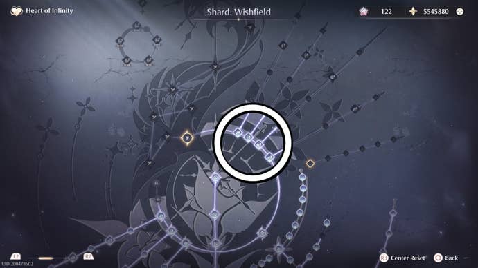 A white circle highlighting the 7,000 Insight essence nodes on the Heart of Infinity menu in Infinity Nikki.