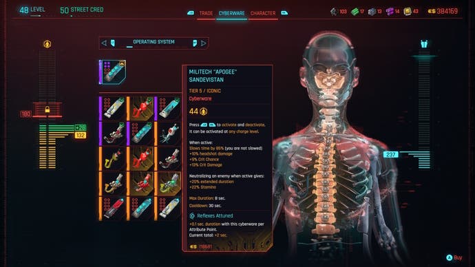 ripperdoc menu with the apogee sandevistan and its stats highlighted with a digital skeleton to the right showing where the cyberwear will install to