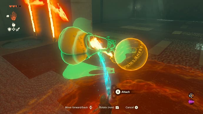 Link using the Ultrahand ability to attach a large metal ball to a hot air balloon in the Sinakawak Shrine.