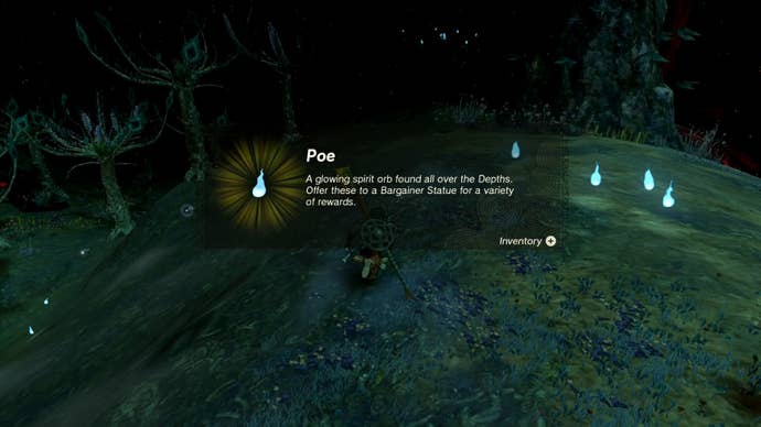Link collecting Poes in the Minshi Woods Chasm in The Legend of Zelda: Tears of the Kingdom.