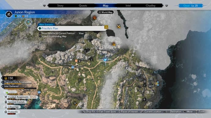 Map of Junon showing character location on a northern road in Final Fantasy 7 Rebirth.