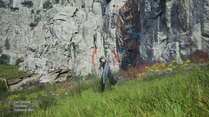 Cloud running towards a cliff with yellow ledges in Junon in Final Fantasy 7 Rebirth.