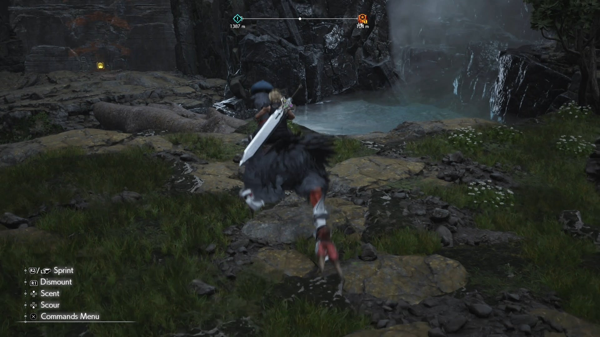 Cloud riding a grey mountain chocobo in Junon across a small river in Final Fantasy 7 Rebirth.