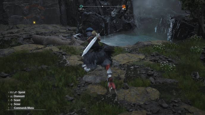 Cloud riding a grey mountain chocobo in Junon across a small river in Final Fantasy 7 Rebirth.