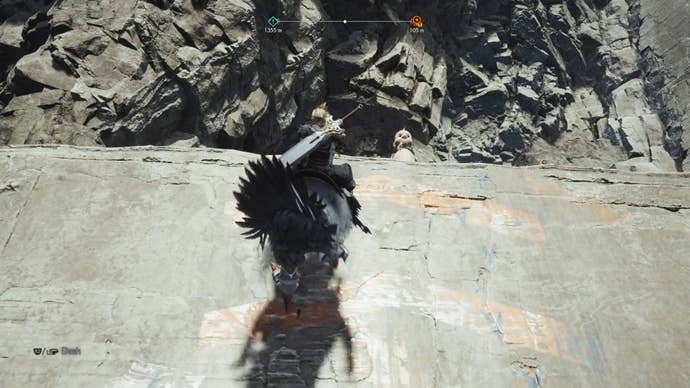 Cloud on a grey mountain chocobo in Juno climbing up a graffiti wall with a Chocobo chick looking down from above in Final Fantasy 7 Rebirth.